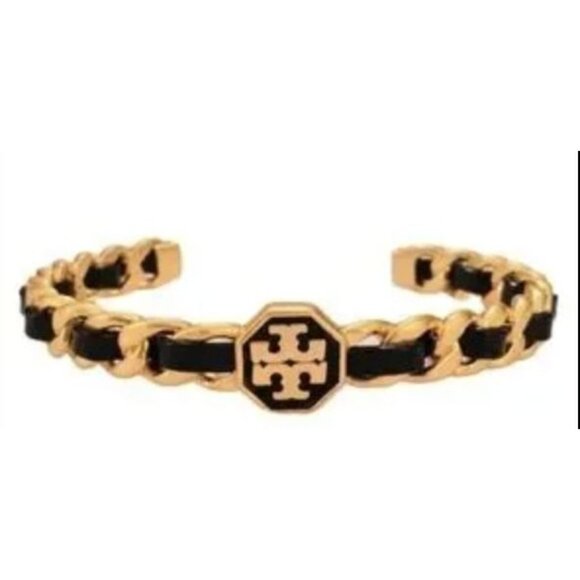 Tory Burch Marion Woven Gold and Black Leather Bracelet - Picture 4 of 4